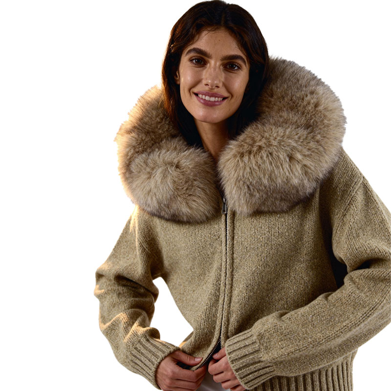 Beige Knit Zip-Up Jacket with Faux Fox Fur Collar — image 3