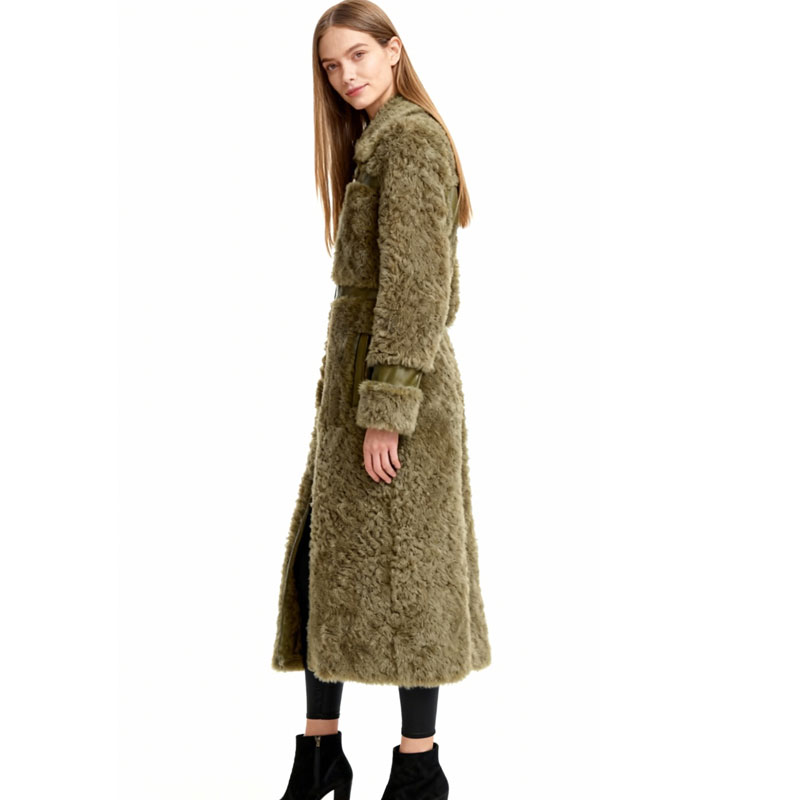 Olive Green Panelled Real Lamb Fur Maxi Coat — image 3