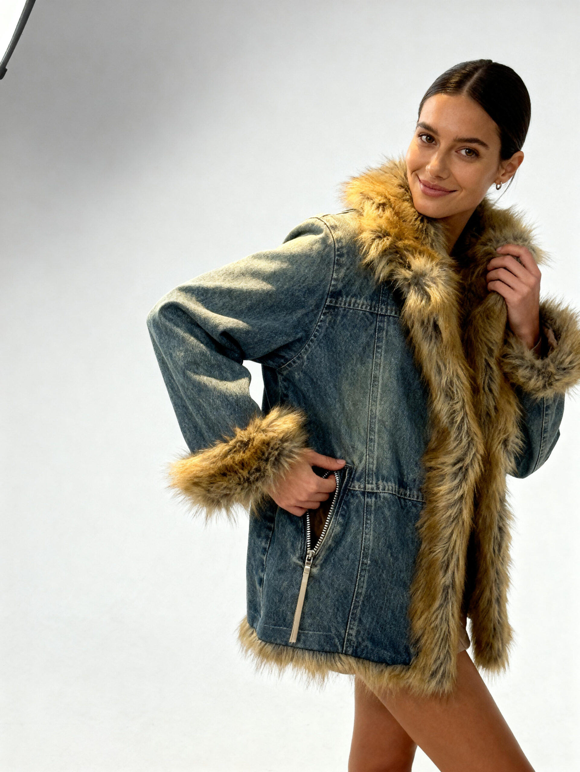 Longline Vintage Denim Jacket with Honey Faux Fur Trim — image 2