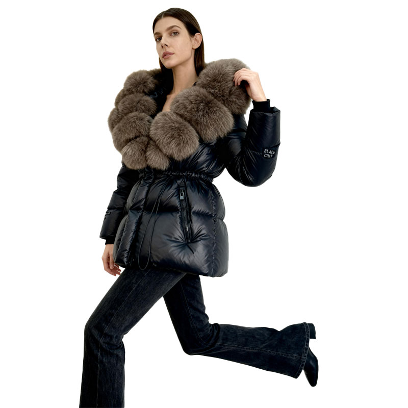 Glossy Black Down Jacket with Oversized Fox Fur Collar — image 4