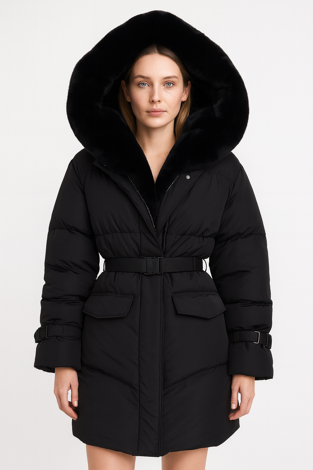 Black Belted Puffer Coat with Oversized Fur Hood Trim