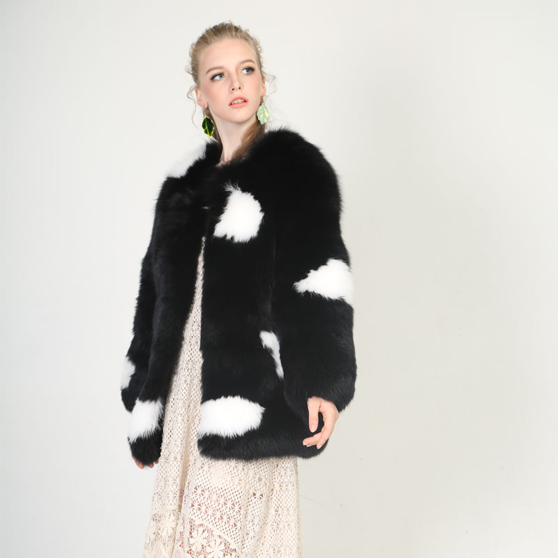 Luxe Contrast Fox Fur Coat – Black & White Patchwork — image 3