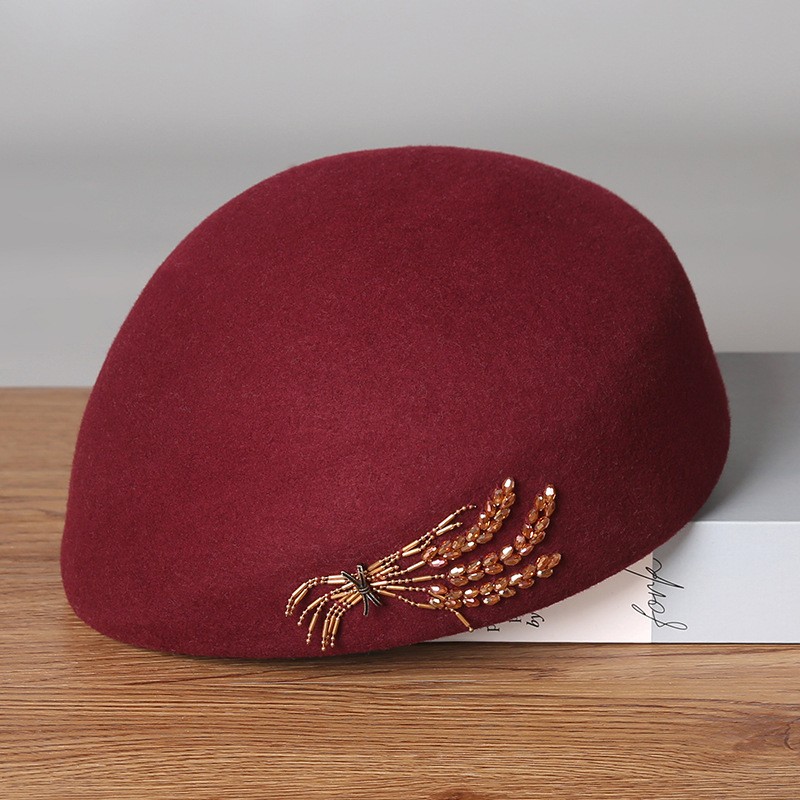 Embroidered Black Wool Beret with Beaded Wheat Detail — image 3