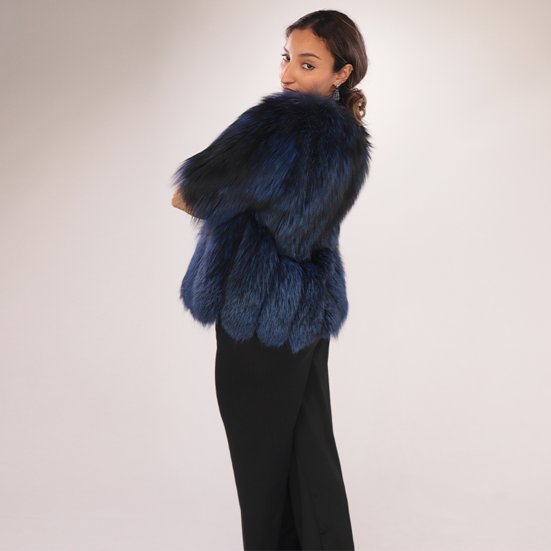Elegant Navy Blue Real Fox Fur Coat – Short Style — image 2