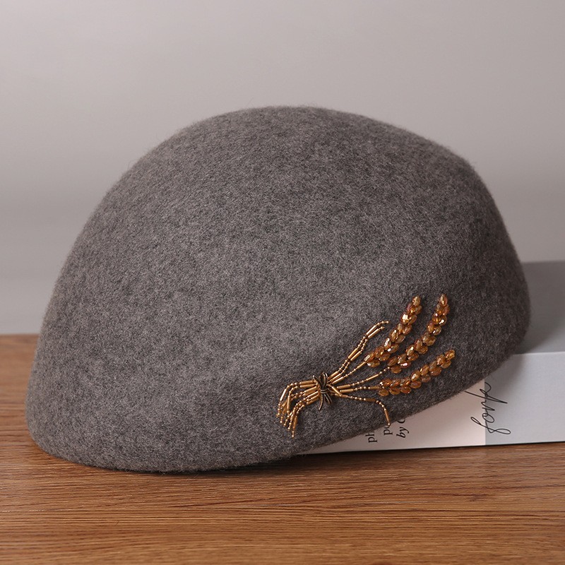 Embroidered Black Wool Beret with Beaded Wheat Detail — image 6