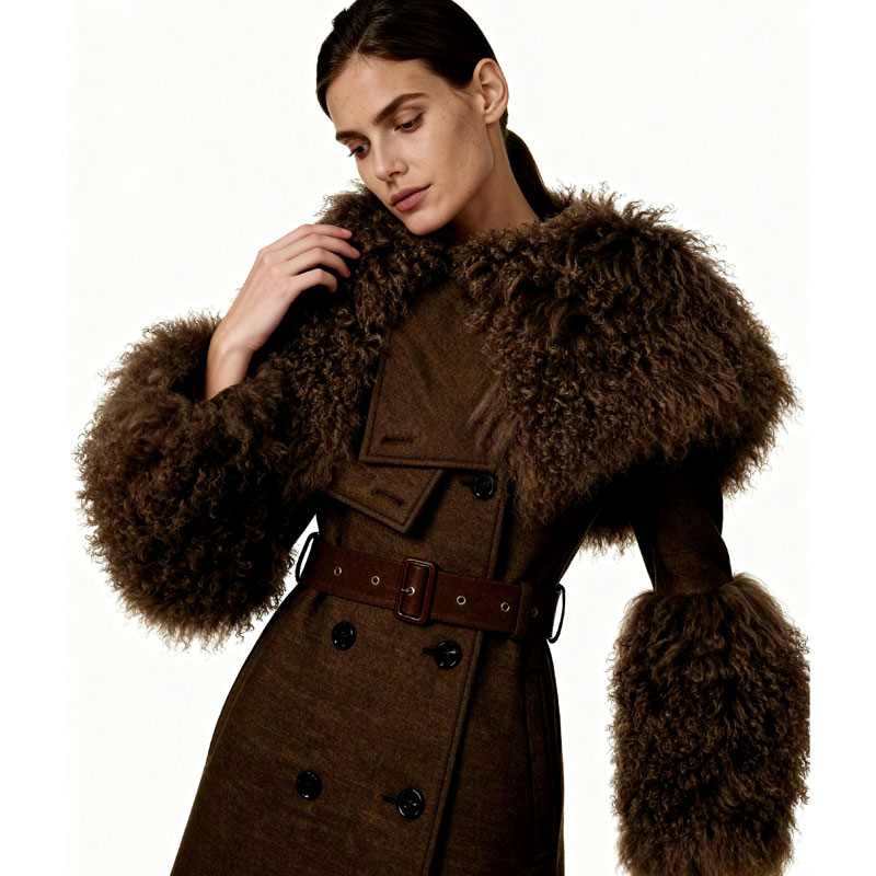 Vintage Brown Wool Trench Coat with Real Sheep Fur Accents — image 2