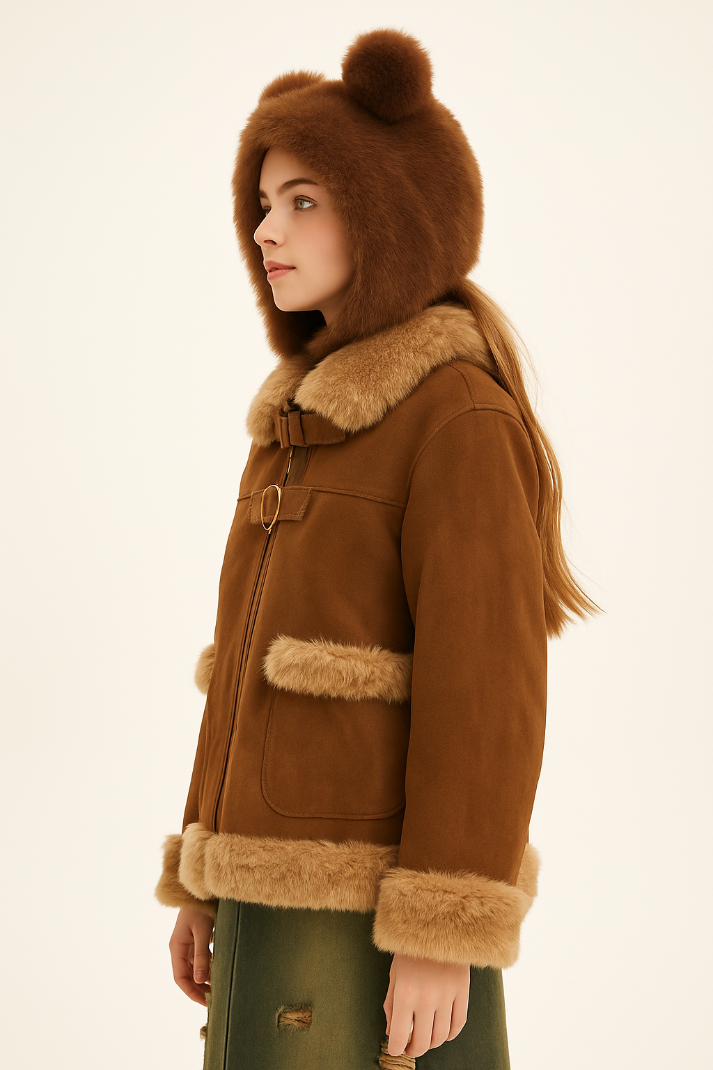 Y2K Bear Ear Fur Jacket – Brown Faux Suede Coat — image 3