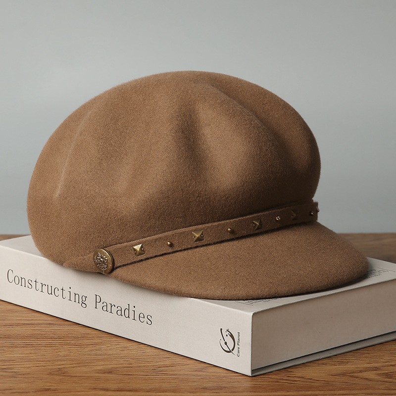 Black Wool Military Beret Cap with Gold Stud Embellishments — image 4