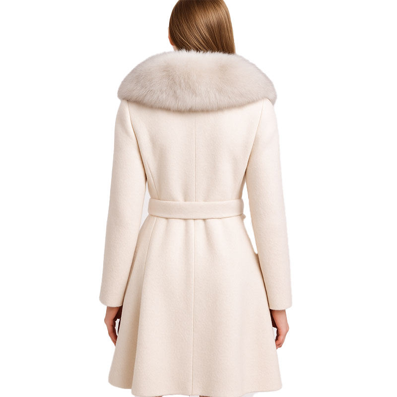Elegant Wool Trench Coat with Plush Fox Fur Collar Trim — image 3