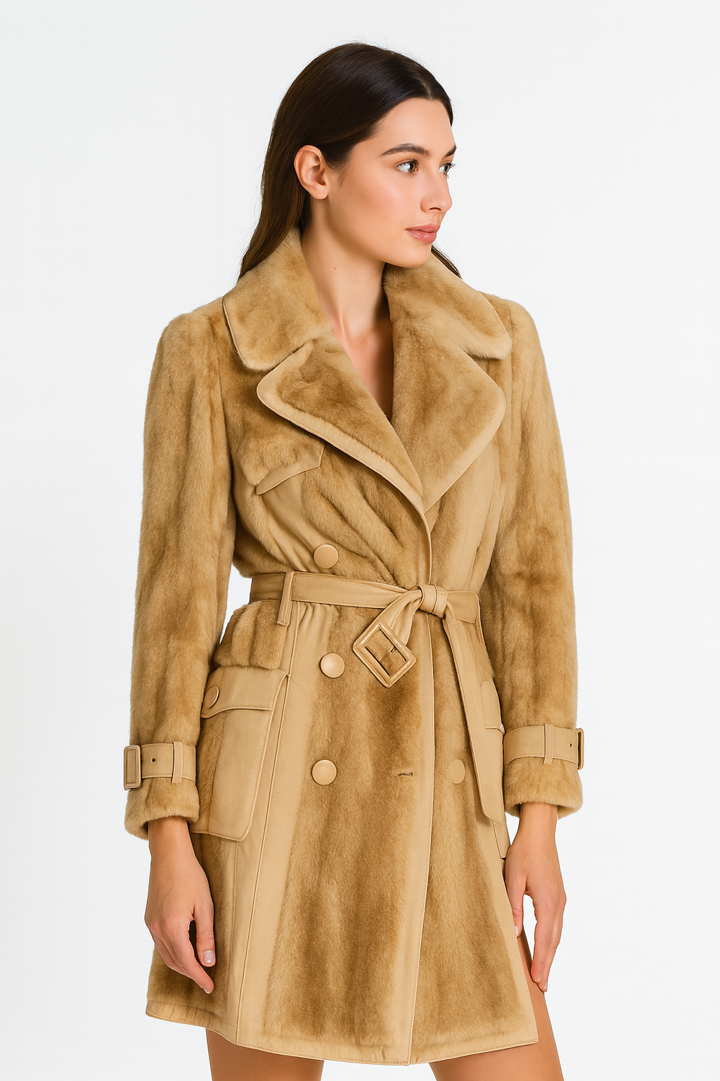 Camel Faux Fur Belted Trench Coat Office Lady OutWear