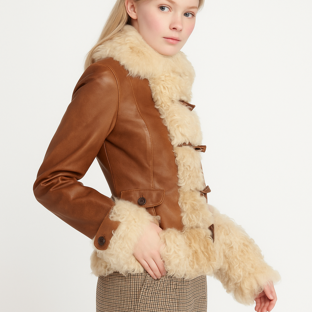 Y2K Cropped Leather Jacket with Shearling Trim & Toggle Front — image 4