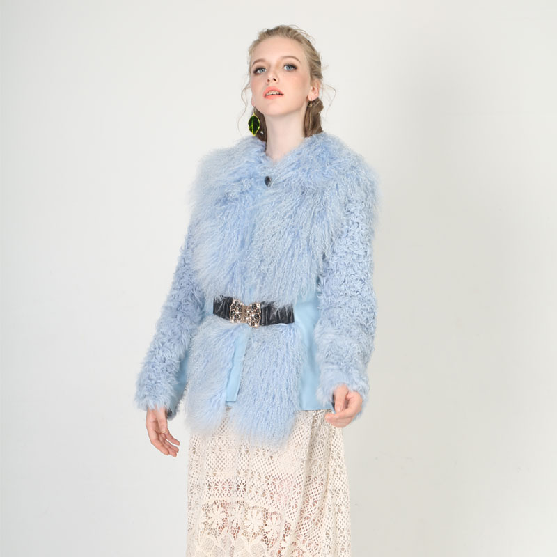 Light Blue Textured Wool Coat with Waist Belt — image 2