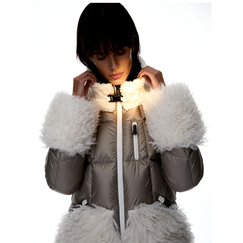 Taupe Down Jacket with White Shearling Trim — image 3