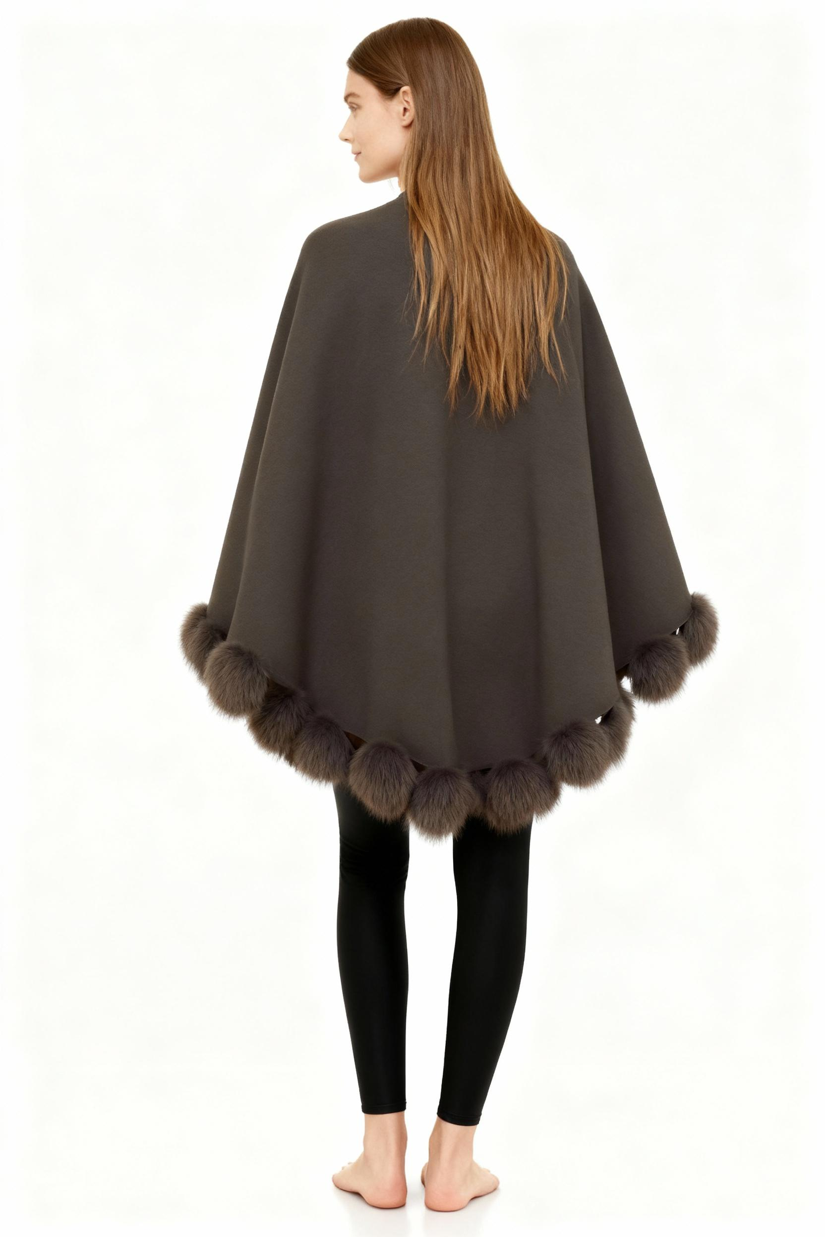 Wool Cloak Shawl with Real Fox Fur Pom-Poms — image 4