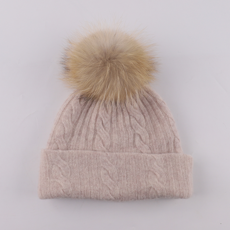 Genuine Raccoon Fur Pom Cable Knit Wool Hat – Timeless Warmth for Winter Collections — image 4