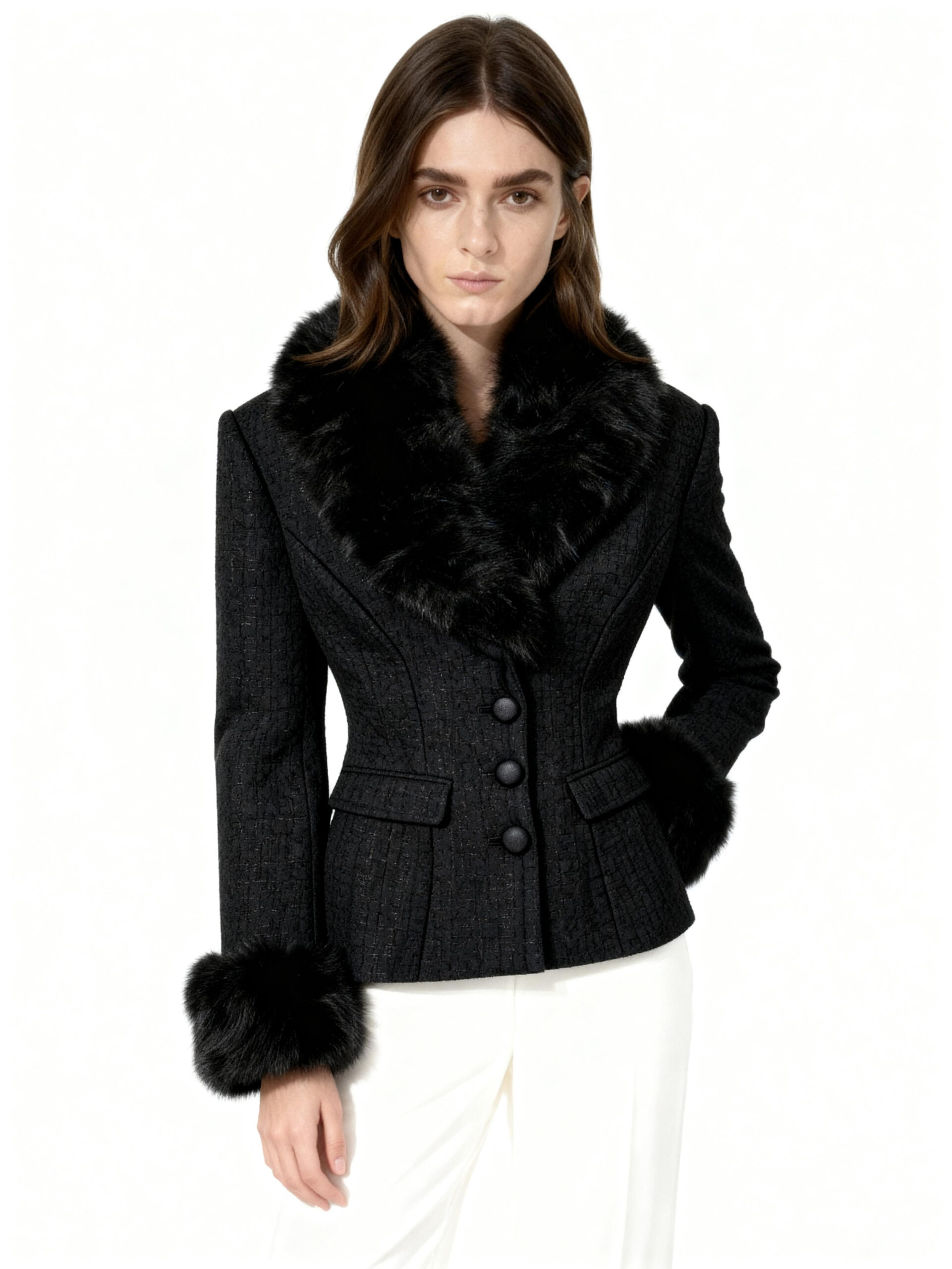 Tailored Black Wool Blazer with Faux Fur Collar & Cuffs — image 2