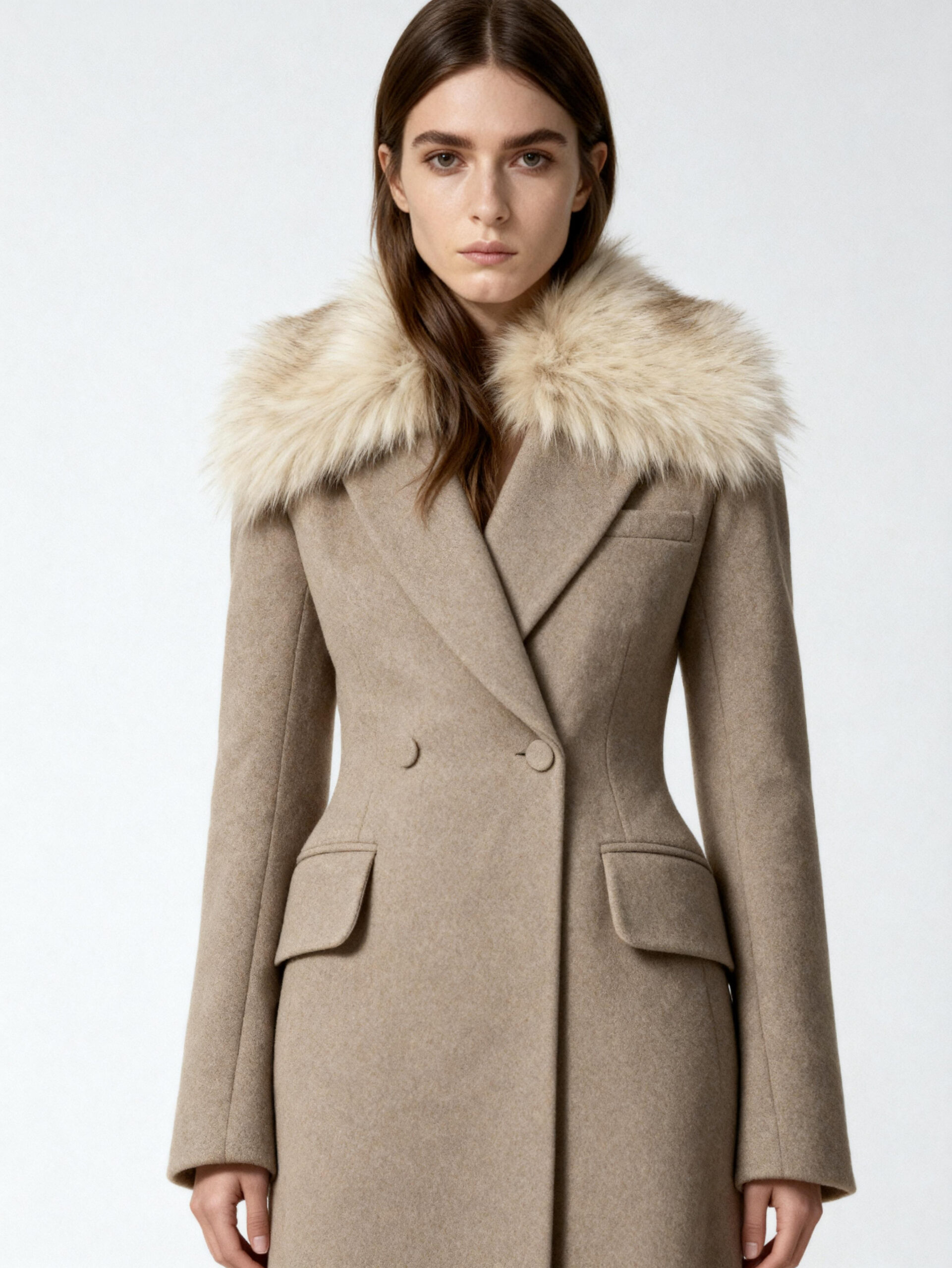 Camel Wool Coat with Dramatic Fox Fur Collar for Executives