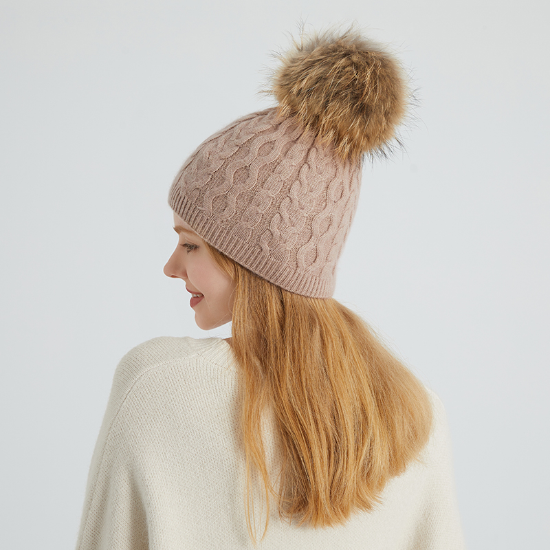 Cable Knit Wool Beanie with Genuine Raccoon Fur Pom – Classic Winter Charm — image 4