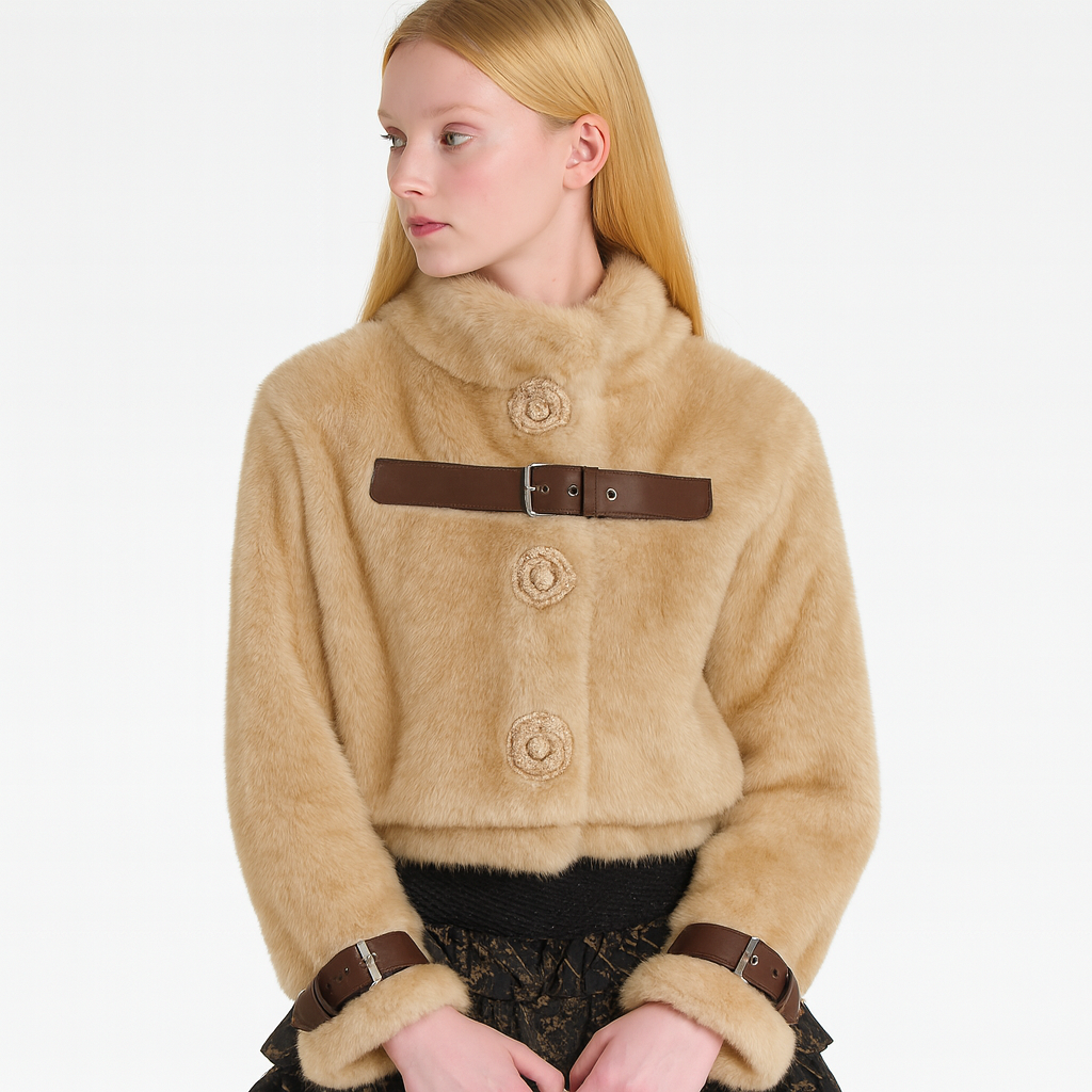 Y2K Cropped Faux Fur Jacket with Leather Buckle Straps — image 3