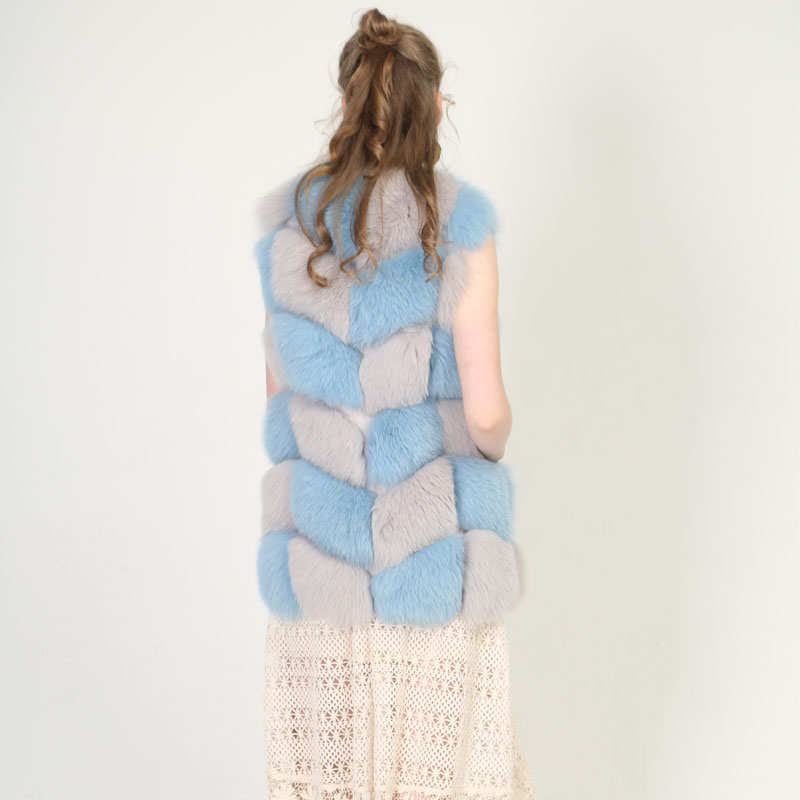 Long Patchwork Real Fox Fur Vest – Blue & Grey Luxe Harmony — image 4