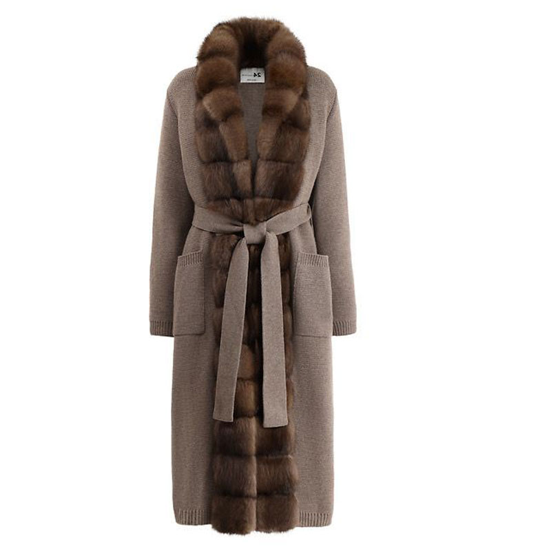 Long Cashmere Belted Cardigan with Sable Mink Fur Trim — image 4