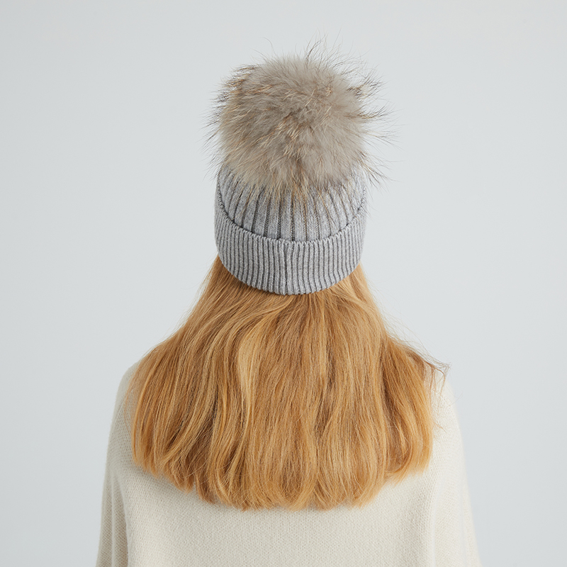Classic Ribbed Knit Beanie with Real Raccoon Fur Pom – Essential Winter Staple — image 3