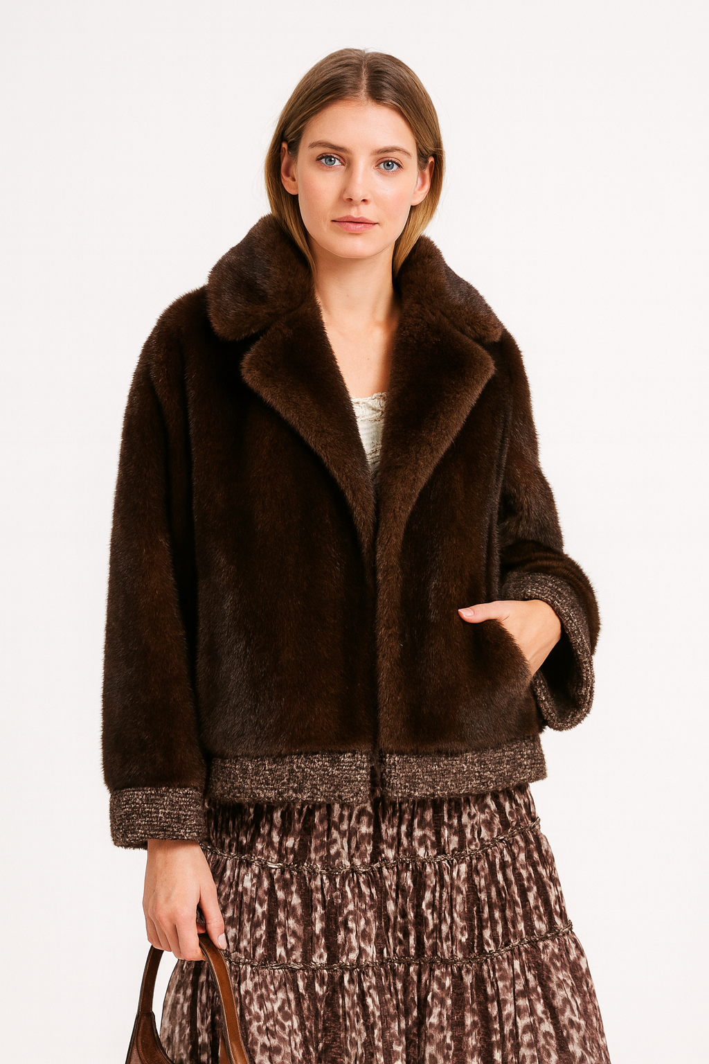 Retro Chocolate Faux Fur Coat with Tweed Trim Accents