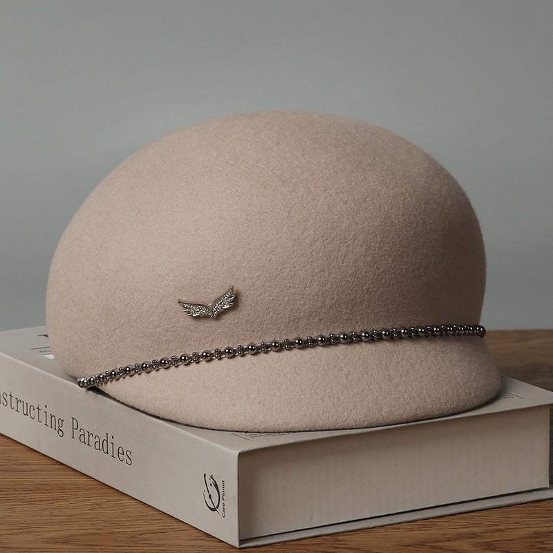 Ivory Wool Felt Baseball Beret with Crystal Chain Detail — image 2