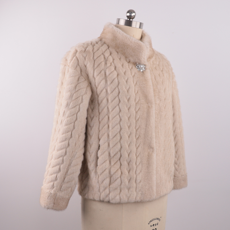 Short Ivory Faux Fur Jacket with Braided Cable Pattern — image 3