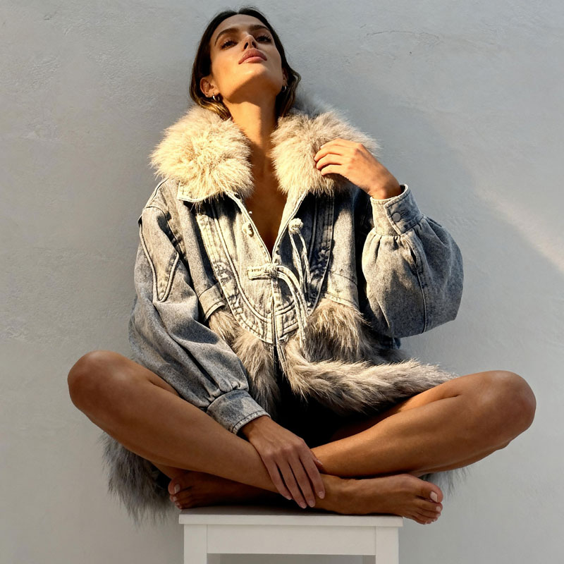 Oversized Hybrid Denim Parka with Long Grey Faux Fur — image 2