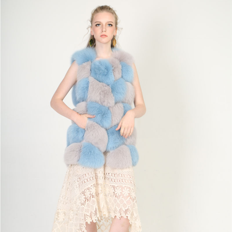 Long Patchwork Real Fox Fur Vest – Blue & Grey Luxe Harmony — image 2