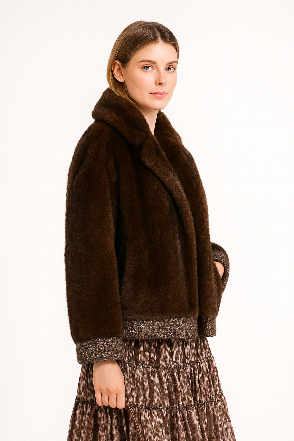 Retro Chocolate Faux Fur Coat with Tweed Trim Accents — image 3