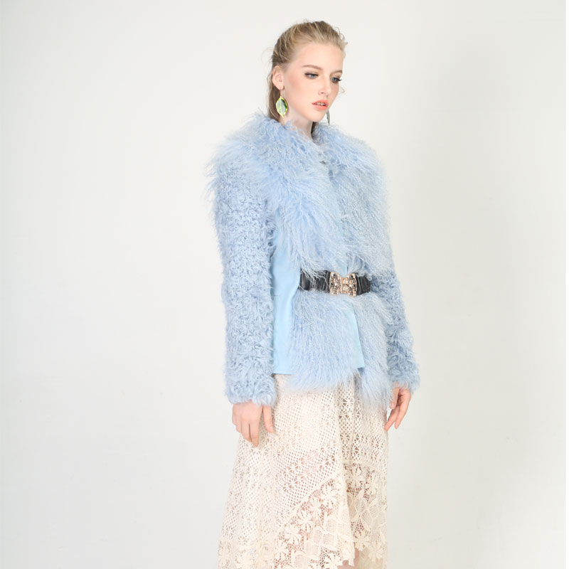 Light Blue Textured Wool Coat with Waist Belt — image 3