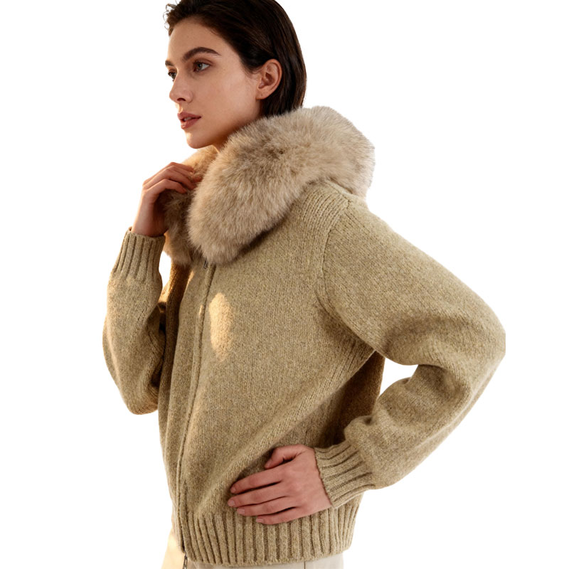 Beige Knit Zip-Up Jacket with Faux Fox Fur Collar — image 4