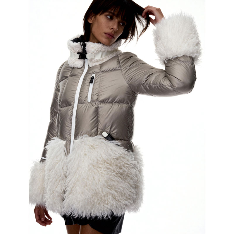 Taupe Down Jacket with White Shearling Trim — image 2