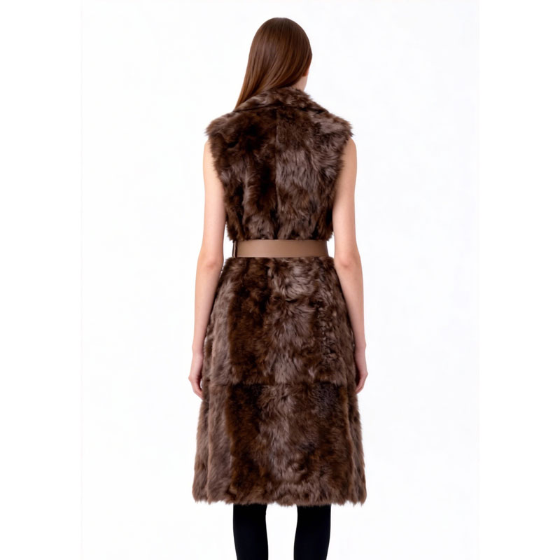 Sleeveless Real Lamb Fur Coat with Belt – Chocolate Brown — image 4