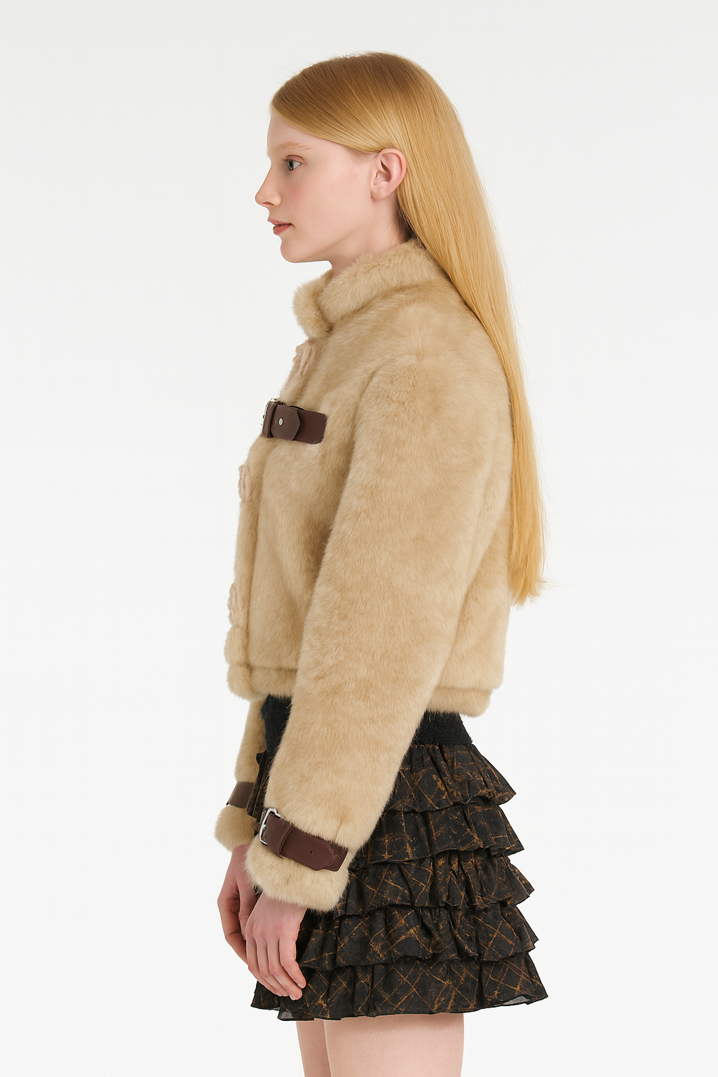 Y2K Cropped Faux Fur Jacket with Leather Buckle Straps — image 2