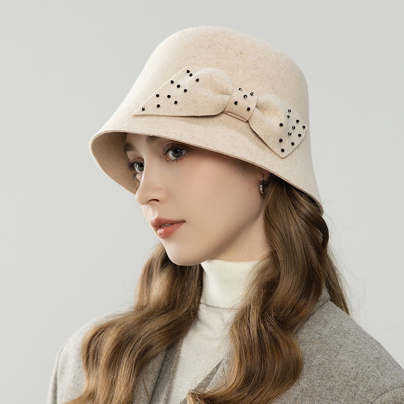 Ivory Wool Cloche Hat with Studded Bow Accent — image 2