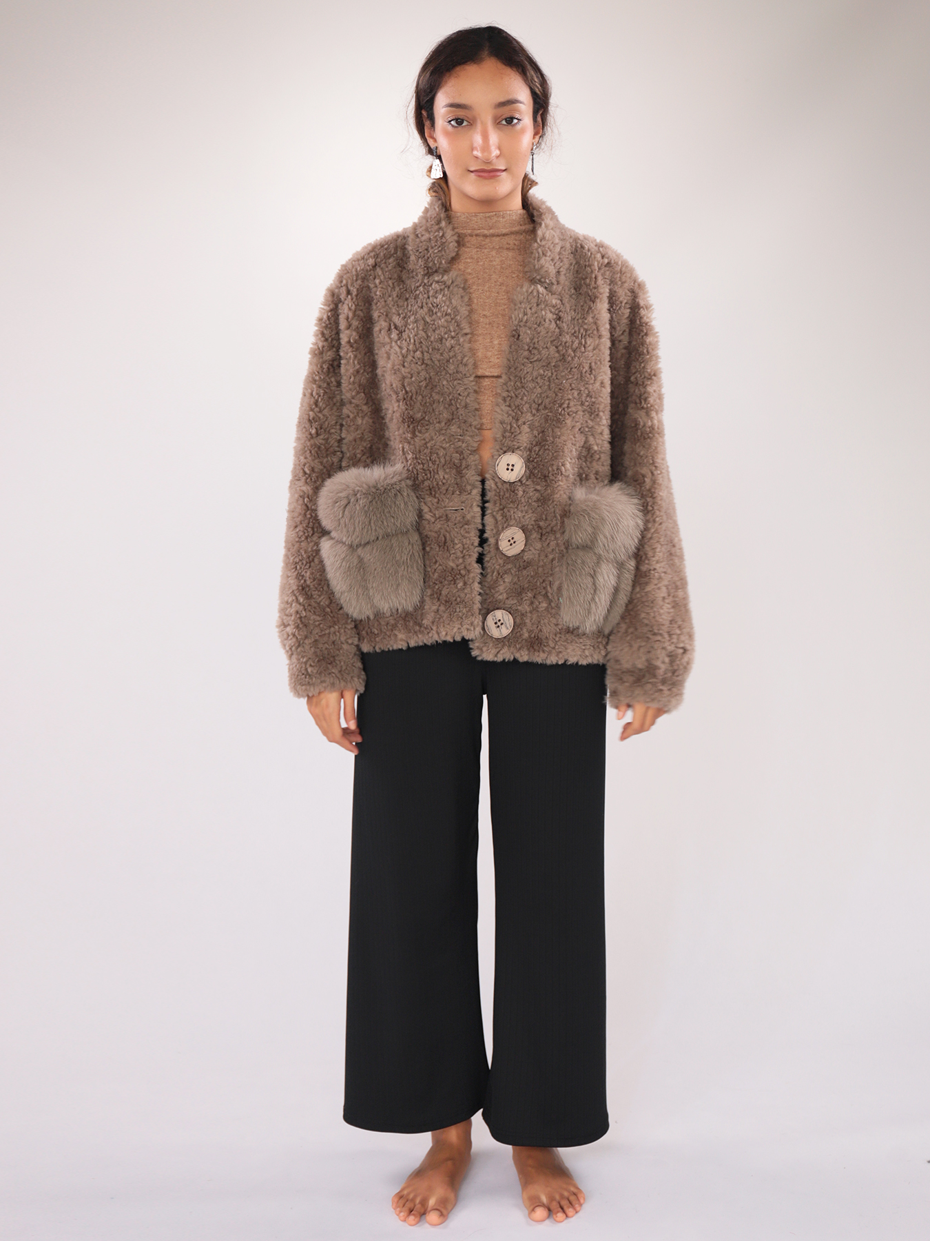 Faux Shearling Jacket with Plush Pockets & Oversized Buttons