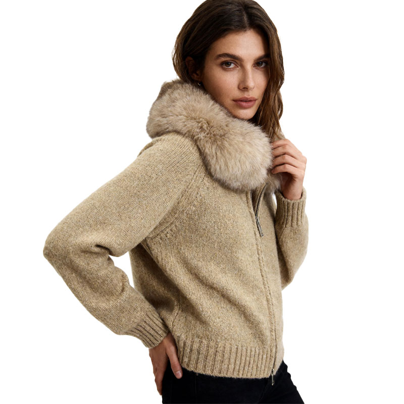 Beige Knit Zip-Up Jacket with Faux Fox Fur Collar — image 2