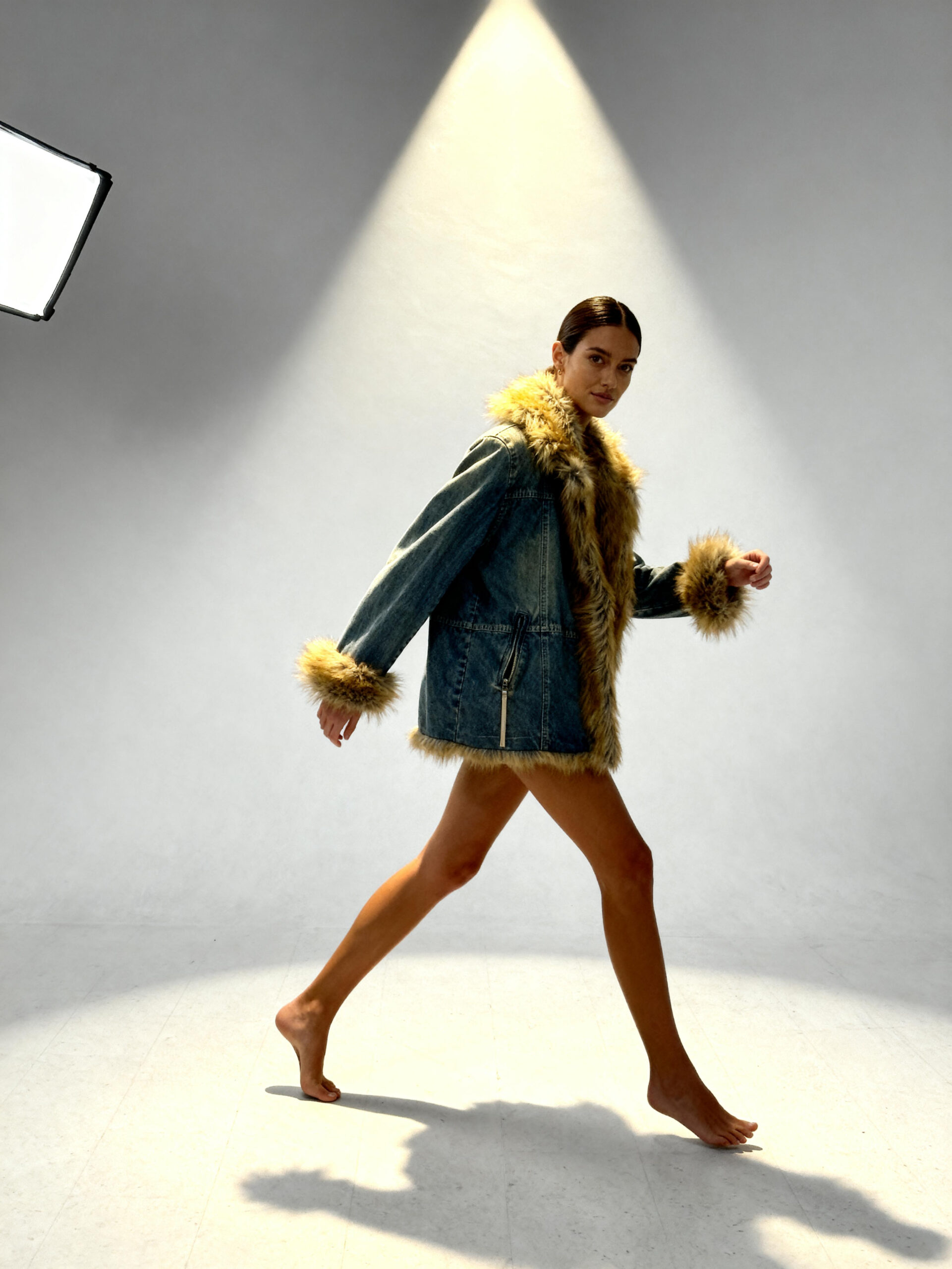 Longline Vintage Denim Jacket with Honey Faux Fur Trim — image 4