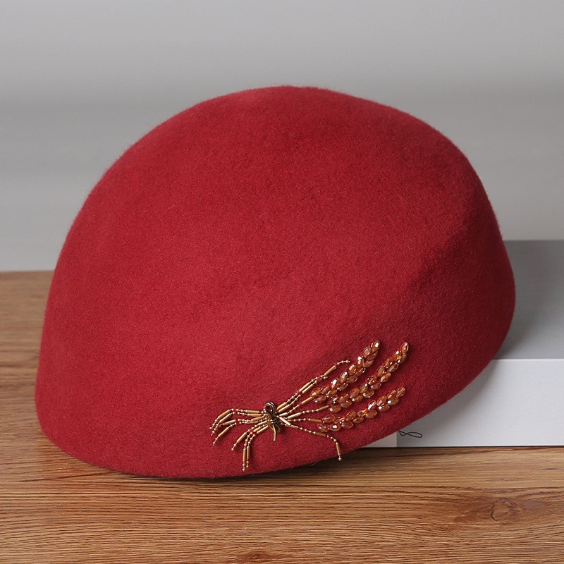 Embroidered Black Wool Beret with Beaded Wheat Detail — image 5