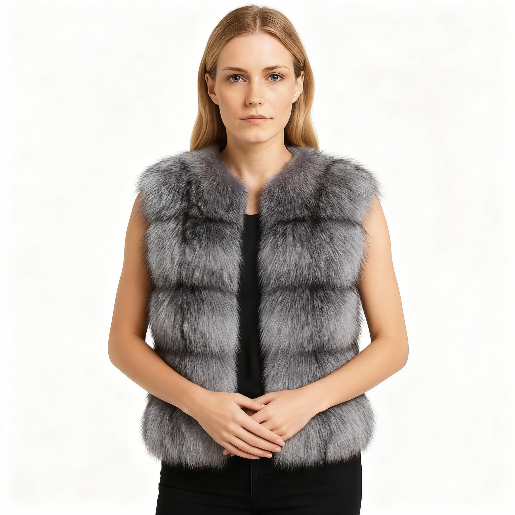 Real Silver Fox Fur Vest – Sleek Sleeveless Winter Luxury — image 3