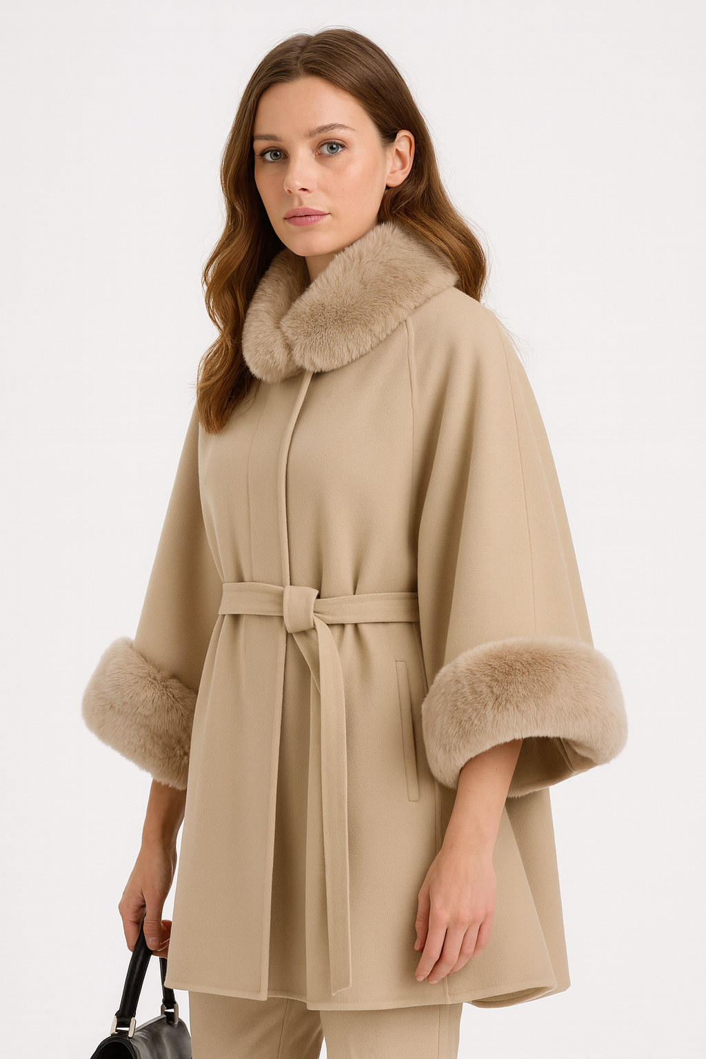 Wool Cape Coat with Fur Trim Collar & Cuffed Sleeves