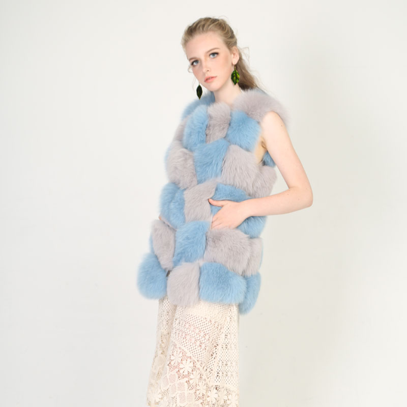 Long Patchwork Real Fox Fur Vest – Blue & Grey Luxe Harmony — image 3