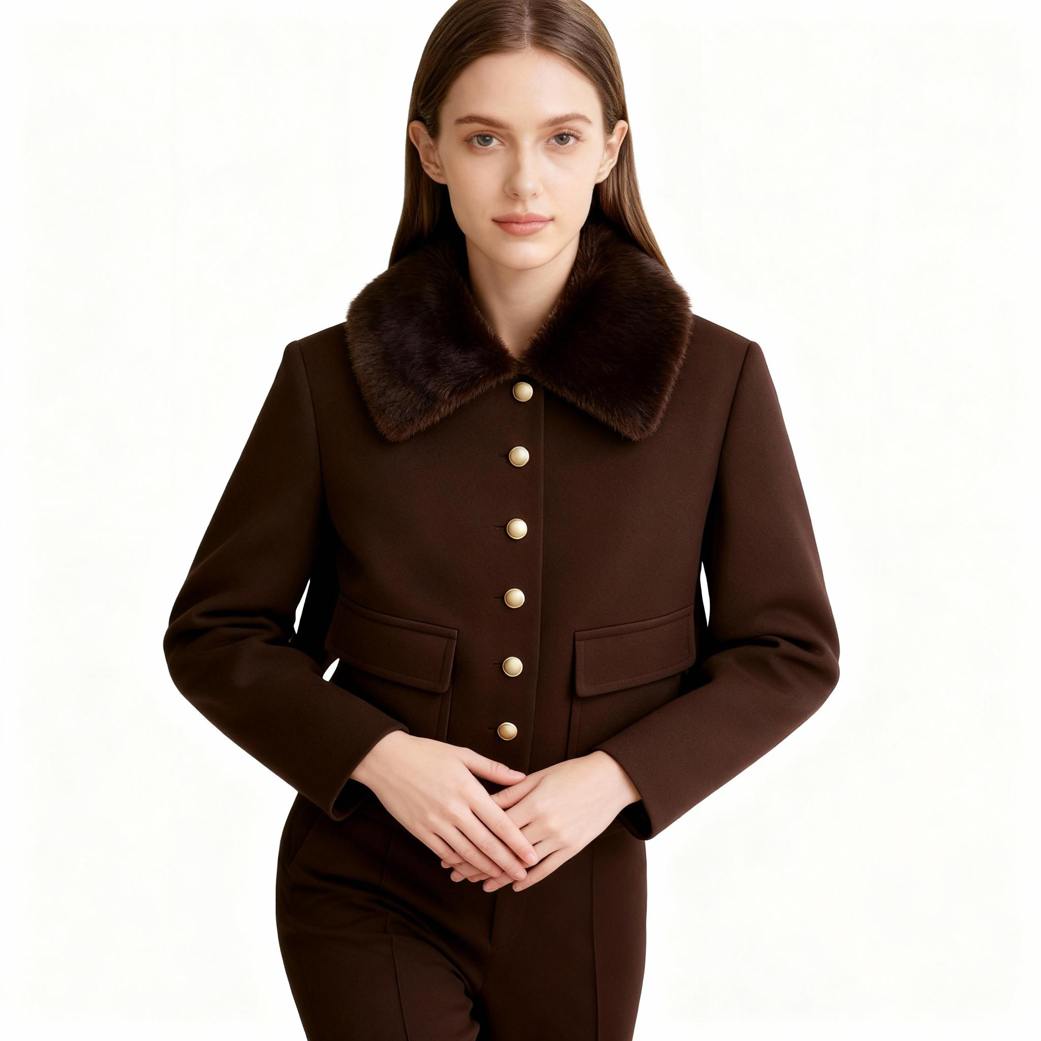 Wool Military-Style Cropped Jacket with Faux Fur Collar — image 3