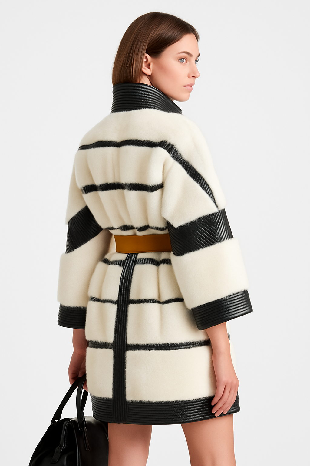Contrast Paneled White Faux Fur Coat with Leather Trim — image 3