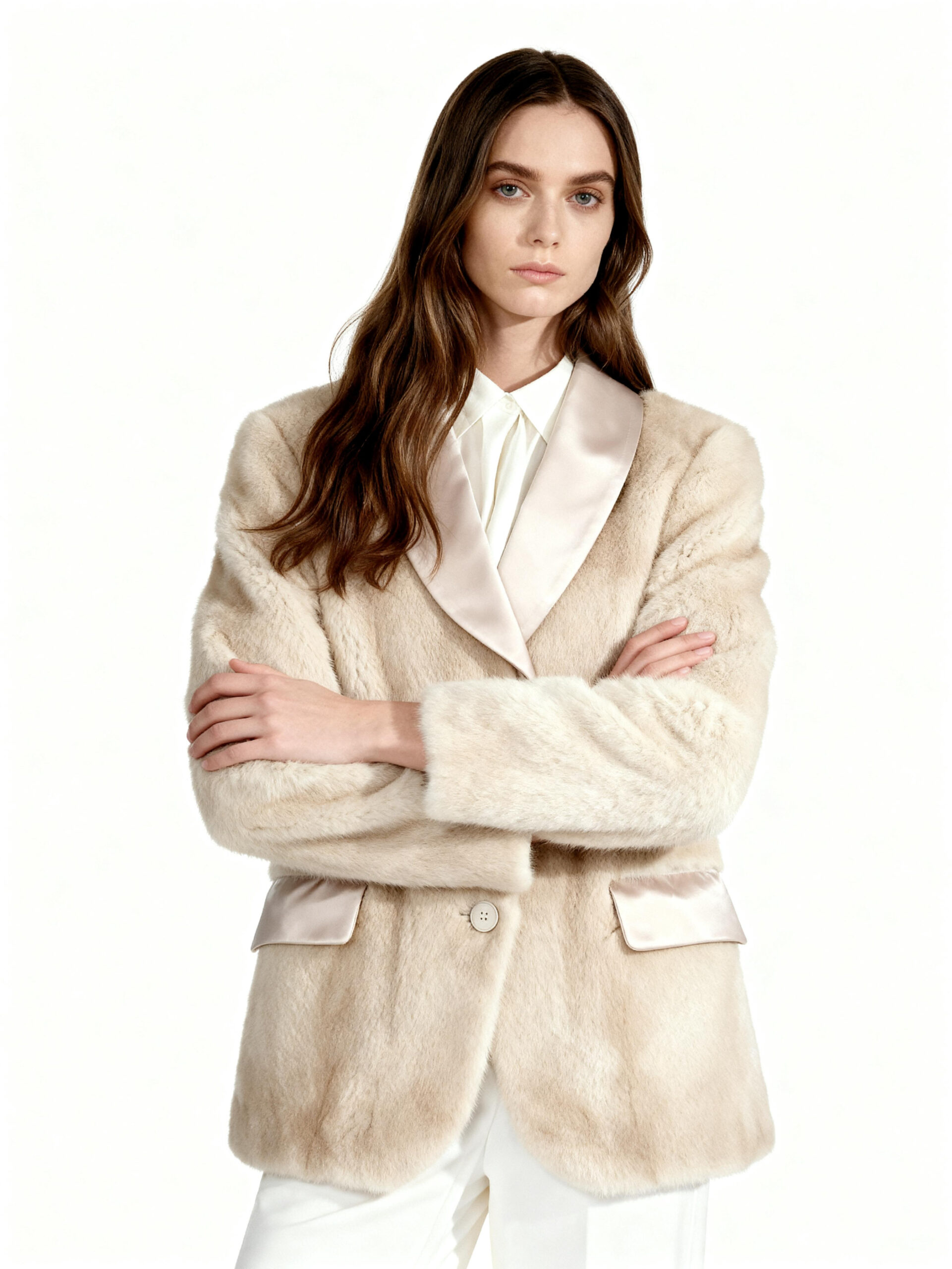 Beige Faux Mink Blazer Jacket Tailored Office Elegance — image 2
