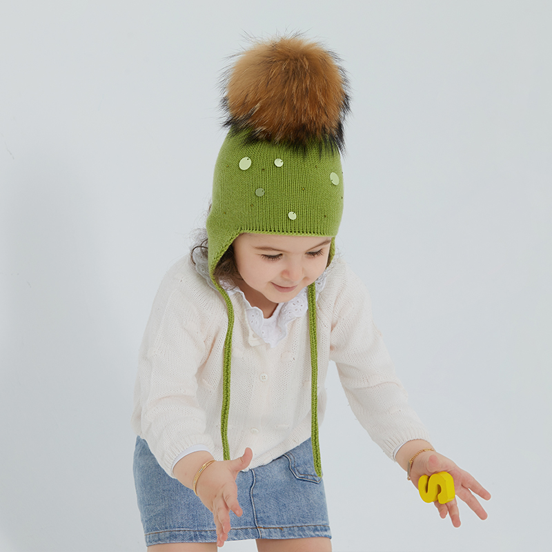 Knit Kids Earflap Hat with Genuine Raccoon Fur Pom – Winter Sparkle for Little Trendsetters — image 3