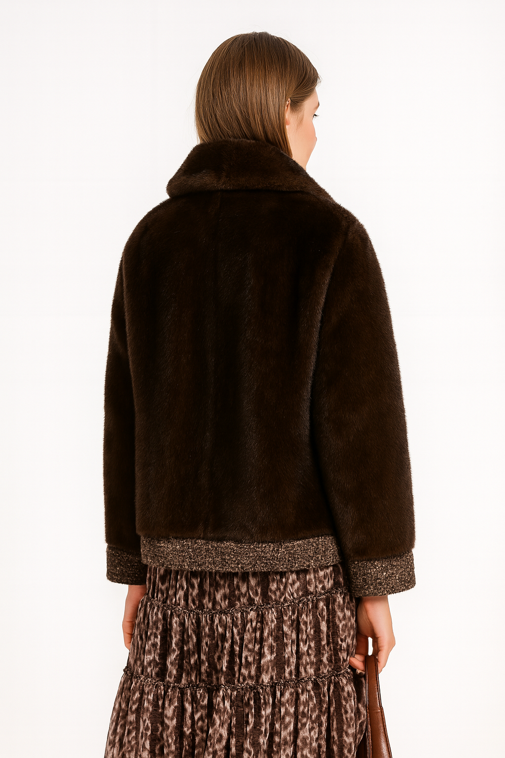 Retro Chocolate Faux Fur Coat with Tweed Trim Accents — image 2